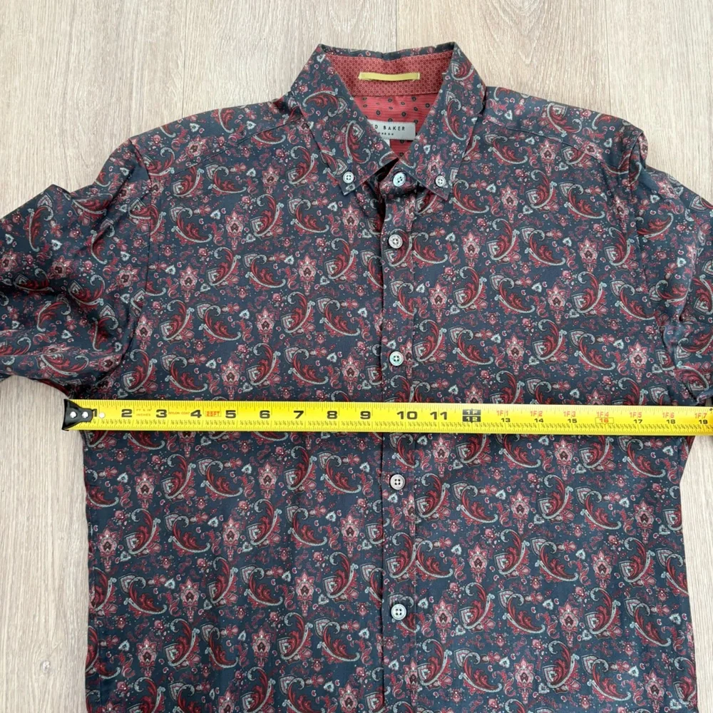 Ted Baker Mens Paisley Long Sleeve Shirt Size 2 36 Small Navy Blue Burgundy - Picture 7 of 13
